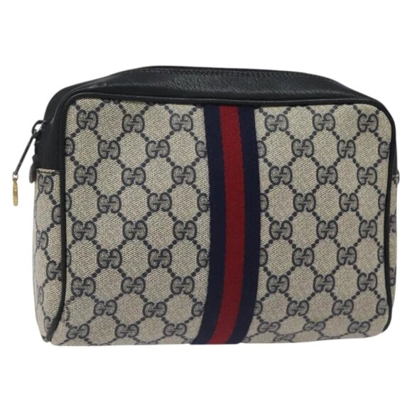 GUCCI GG Supreme Sherry Line Clutch Bag PVC Navy Gold - Picture 1 of 14